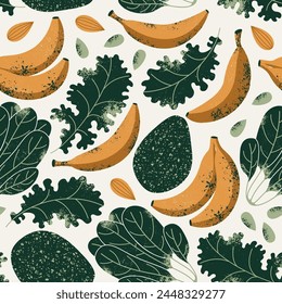 Seamless pattern with bananas and kale with avocado. Fresh food background. Vector illustration