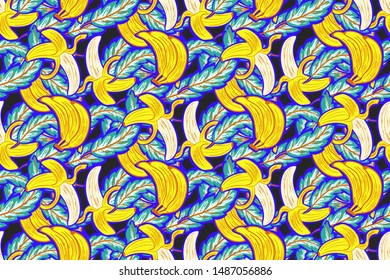 seamless pattern with bananas and leaves