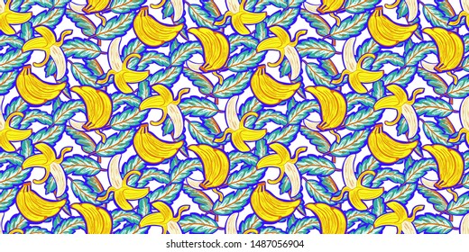 seamless pattern with bananas and leaves