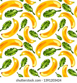 Seamless pattern of bananas with leaves on white background