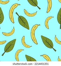 Nahtloses Muster mit Bananen und Blättern auf blauem Hintergrund. Handgezogene Bananen und Blätter.