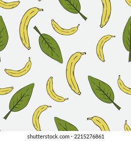 Seamless pattern with bananas and leaves on gray background. Hand drawn bananas and leaves.