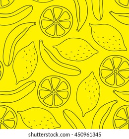 Seamless pattern of bananas and lemons. Black contoured fruits on a yellow background. Vector image drawn by hand in cartoon style.