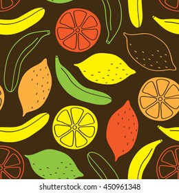 Seamless pattern of bananas and lemons. Bright juicy fruit on dark background. Vector image drawn by hand in cartoon style.
