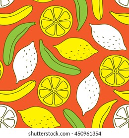Seamless pattern of bananas and lemons. Ripe juicy fruits on orange background. Vector image hand-drawn in Doodle style.