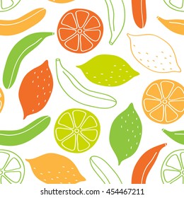 Seamless pattern of bananas and lemons. Ripe juicy fruits on white background. Vector image hand-drawn in Doodle style.
