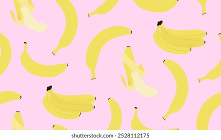 Seamless pattern with bananas - modern fruit print on pink background. Aesthetic trendy groovy vector illustration.