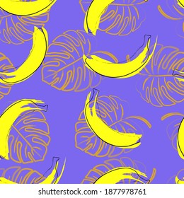 Seamless pattern with bananas and monstera leaves