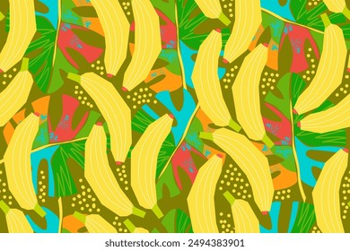 Patrón sin costuras con bananas y hojas de monstruo. Abstractas patrón tropical sobre fondo oscuro. Ilustración vectorial de Plantilla de verano. Estilo plano