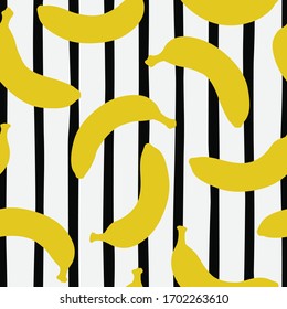 Seamless pattern of bananas on a background of black and white stripes. Vector illustration of an abstract banana.