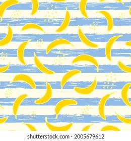 seamless pattern with bananas on blue striped background for summer wrapping paper, textile prints, wallpaper, scrapbooking, kids apparel, stationary, etc. EPS 10