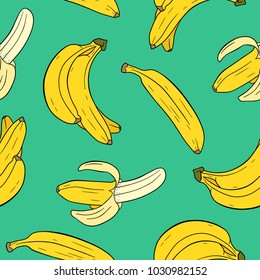 Seamless pattern with bananas on green background.