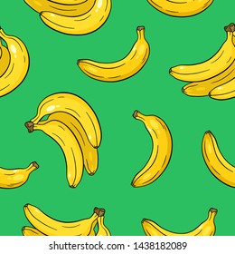 Seamless pattern with bananas on green background.