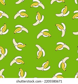 Patrón sin foco con plátanos en un fondo verde. Un patrón con frutas tropicales. Doodles.