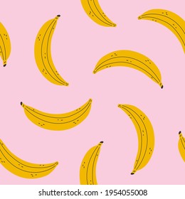 Patrón sin foco con plátanos en un fondo rosado. Banana amarilla. Ilustración vectorial.