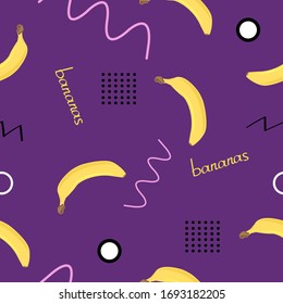 Nahtloses Muster mit Bananen auf violettem Hintergrund im Stil eines Memphis