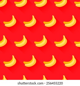 Seamless pattern with bananas on red background. Trendy flat design style with long shadow. For web and print design