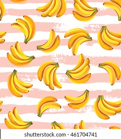 Seamless pattern with bananas on a striped background. Vector illustration.