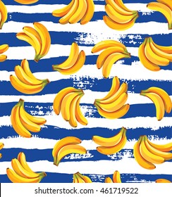 Seamless pattern with bananas on a striped background. Vector illustration.