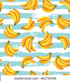 Seamless pattern with bananas on a striped background. Vector illustration.