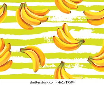 Seamless pattern with bananas on a striped background. Vector illustration.