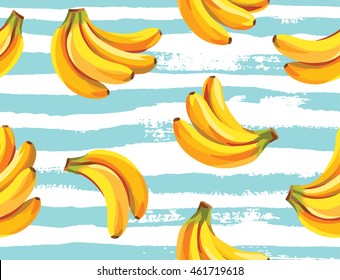 Seamless pattern with bananas on a striped background. Vector illustration.