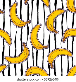 Seamless pattern with bananas on striped brush stroke background. Vector illustration. memphis trendy pattern