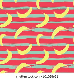 Seamless pattern with bananas on striped grunge background. Vector illustration