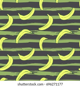 Seamless pattern with bananas on striped grunge background. Vector illustration