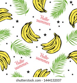Seamless pattern with  bananas and palm leaves. Vector illustration.