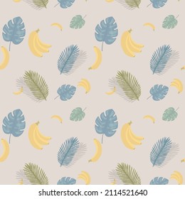 Nahtloses Muster mit Bananen und Palmenblättern auf beigem Hintergrund. Modernes Sommerkopie.