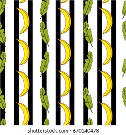 Seamless pattern with bananas and palm leaves. Vector seamless pattern with banana. Banana and palm leaves on a striped background.