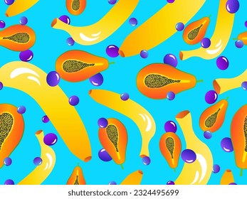 Patrón sin foco con plátanos, papaya y arándanos. Verano, fruta exótica y mezcla de bayas de papaya, plátanos y arándanos. Diseño para banners, afiches y artículos promocionales. Ilustración del vector
