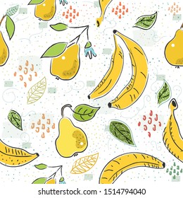 Seamless Pattern With Bananas and Pears. Scandinavian Hand Drawn Style. Vector Illustration