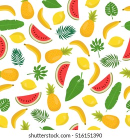 Seamless pattern with bananas, pineapples, tropical leaves and lemons. Bright summer fruits. Cute tropical background. Vector illustration