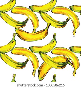 
Seamless pattern with bananas. Ripe fruit. Bright multicolored background. Pop art drawing markers.