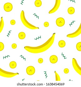 Seamless pattern with bananas and sliced pieces. Isolated elements on a white background. Tropical fruits with a hot summer mood.