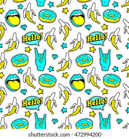 Seamless pattern with bananas, speech bubbles, donuts, stars and diamonds.Vector background with stickers, pins, patches in cartoon 80s-90s comic style with neon colors.