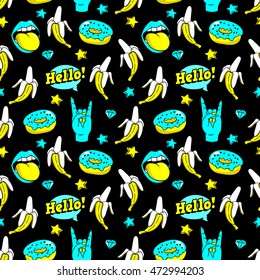 Seamless pattern with bananas, speech bubbles, donuts, stars and diamonds.Vector background with stickers, pins, patches in cartoon 80s-90s comic style with neon colors.