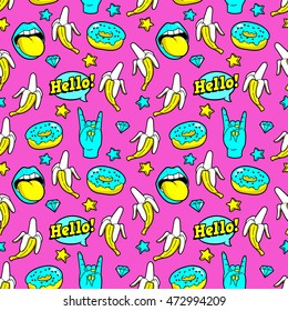 Seamless pattern with bananas, speech bubbles, donuts, stars and diamonds.Vector background with stickers, pins, patches in cartoon 80s-90s comic style with neon colors.