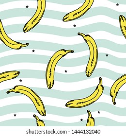 Seamless pattern with  bananas, stars on a striped background. 