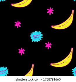 Seamless pattern with bananas and stickers on a black background. Abstract pattern with bananas, stars, and labels. Pattern for fabric or clothing. 
