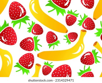 Seamless pattern with bananas and strawberries in 3d style. Summer fruit mix with strawberry and banana on white. Design for printing on paper and fabric, banners and posters. Vector illustration