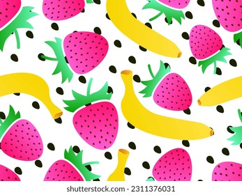 Seamless pattern with bananas and strawberries, gradient colors. Summer berry-fruit mix with bananas  and strawberries on white background. Design for print, banners and posters. Vector illustration