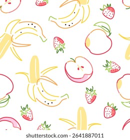 Seamless pattern with bananas, strawberries and apples in hand-drawn style on white background. Fruit illustration. Summer food and healthy eating concept for design and print