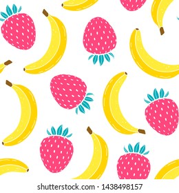 Seamless pattern with bananas and strawberries on white background. Fruits texture.It be perfect for fabric, wrapping,packaging, digital paper and more.