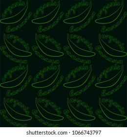 Seamless pattern with bananas and text- organic banana. Bright contrasting contour on  dark background. Vector illustration for design textiles, wallpapers, postcards, poster, labels mock-up.