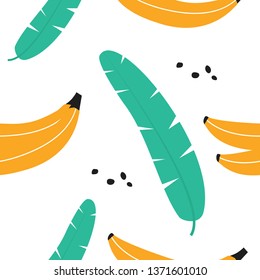 Seamless pattern with bananas and tropical leaves.  Vector and illustration for printing on banner, poster, postcard, packaging fabric paper. Cute baby background.