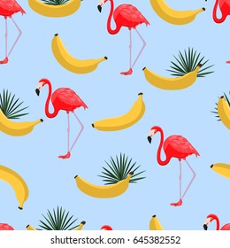 Seamless pattern with bananas and tropical leaves. Hawaiian style background with jungle tropical plants, yellow bananas and exotic flamingo. Fabric print. Trendy and modern wallpaper design. Vector.
