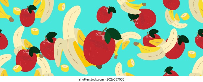 Nahtloses Muster von Bananen, unverpackt und geschnitten, roten Äpfeln. Vektorgrafik von saftigen Früchten auf blauem Hintergrund.
Nahtlose Fruchtmuster